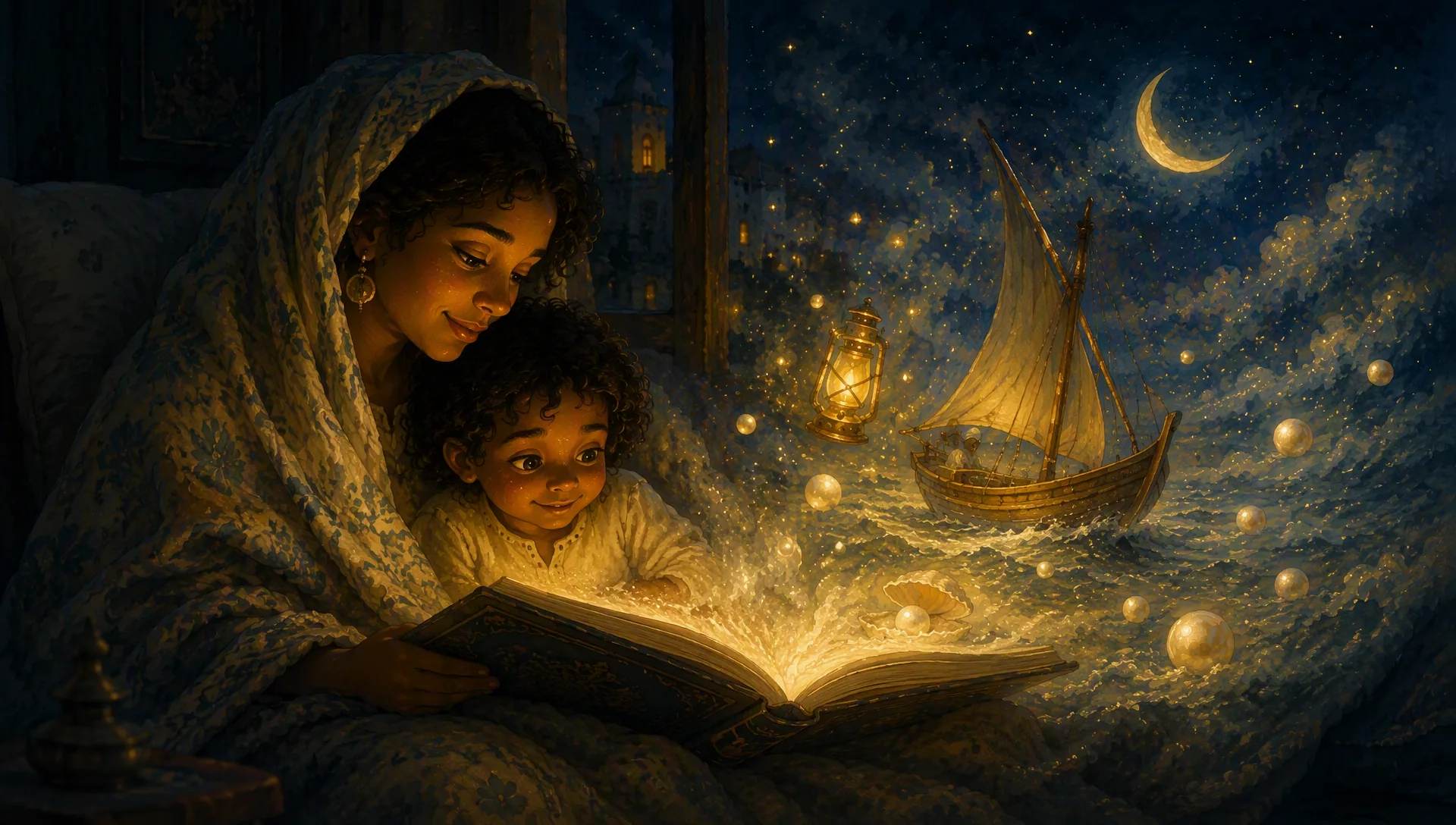A parent and child reading a magical illustrated story together