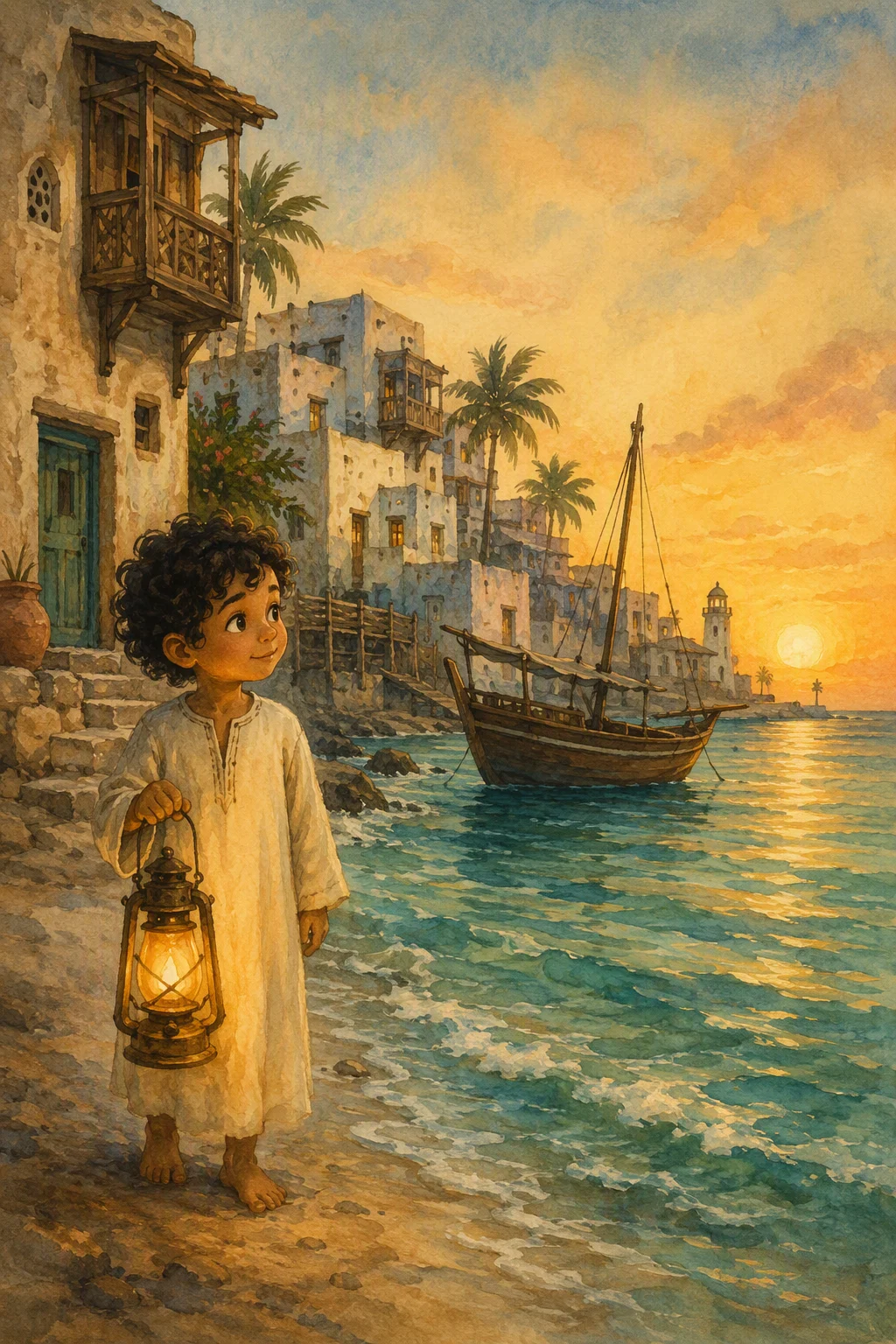 A child with a lantern beside the sea at sunset
